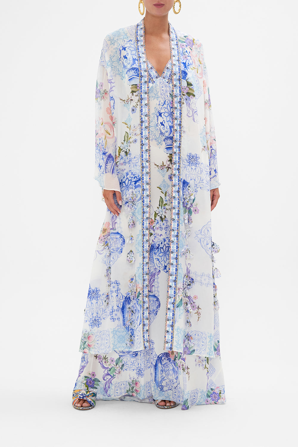 Front view of model wearing CAMILLA floral print silk robe in Paint Me Positano print