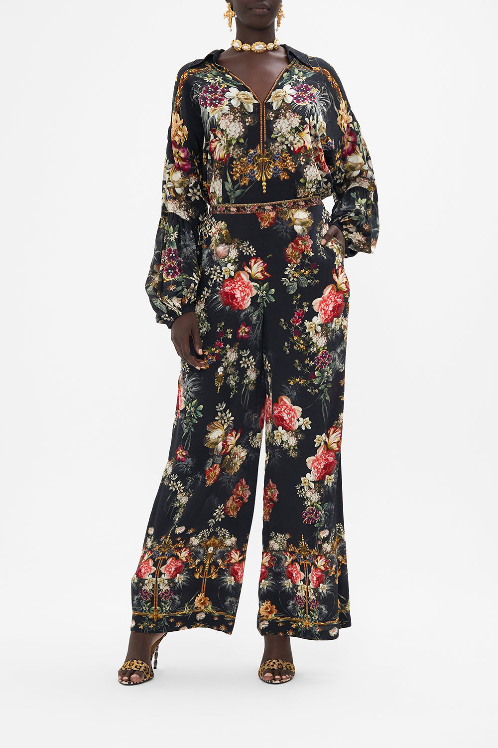 Front view of model wearing CAMILLA silk wide leg pant in A Night At The Opera print