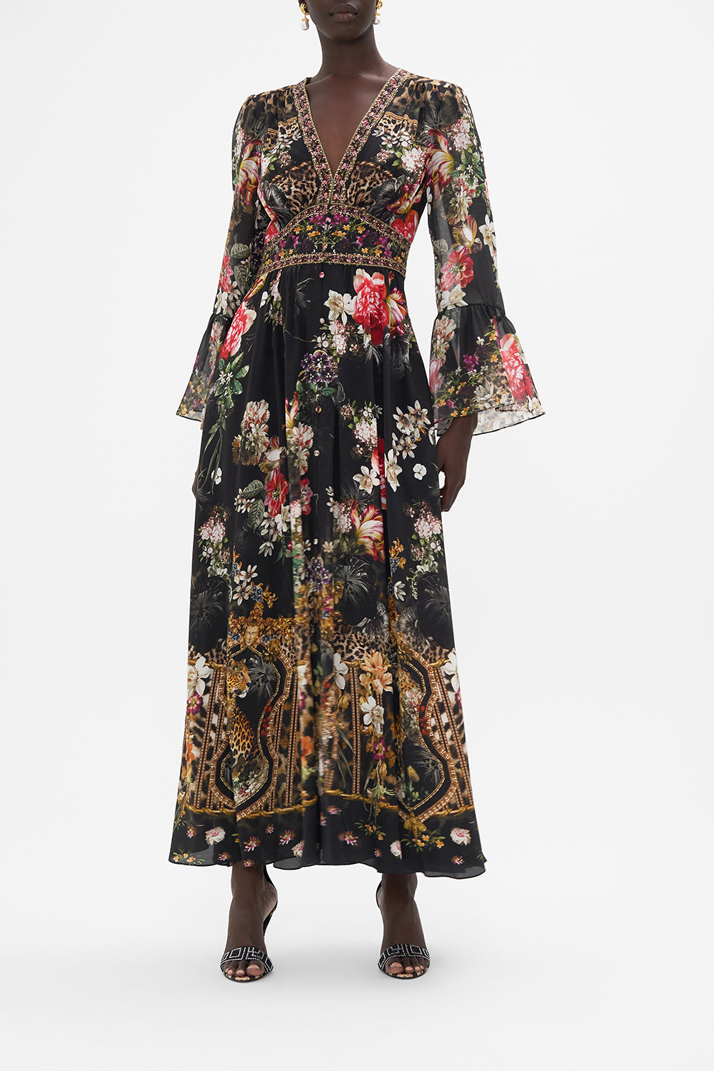 Front view of model wearing CAMILLA long silk dress with ruffle frill sleeves in A Night At The Opera print