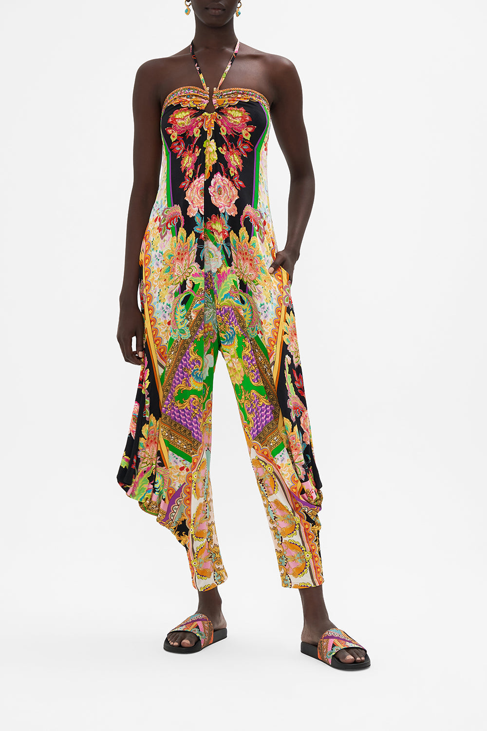 Front view of model wearing CAMILLA printed jumpsuit in Sundowners in Sicily print