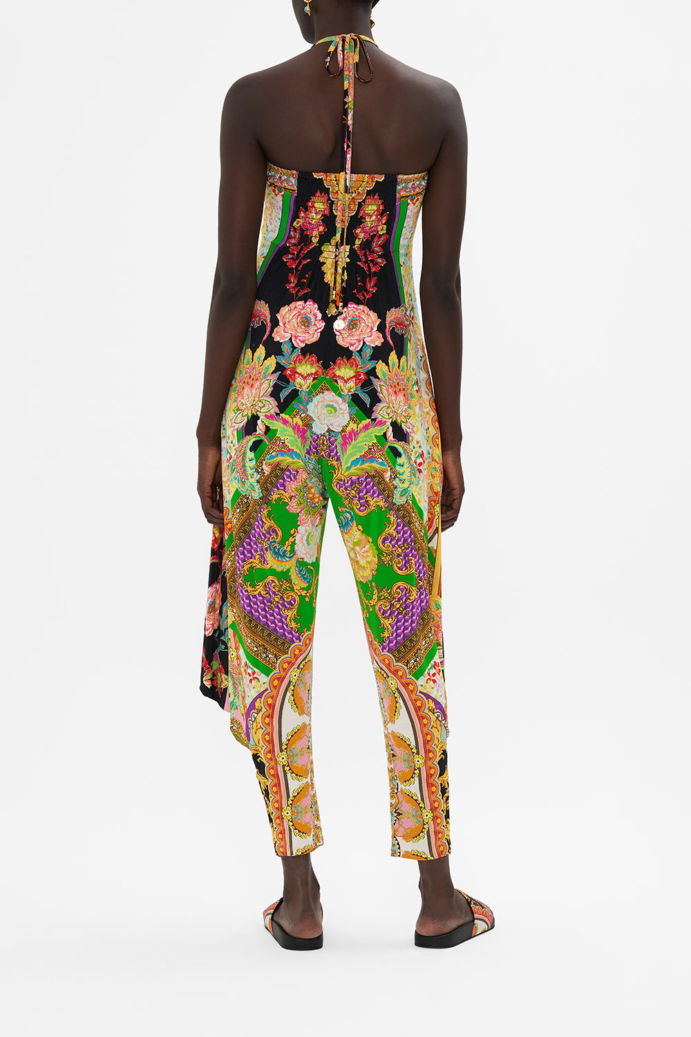Back view of model wearing CAMILLA printed jumpsuit in Sundowners in Sicily print