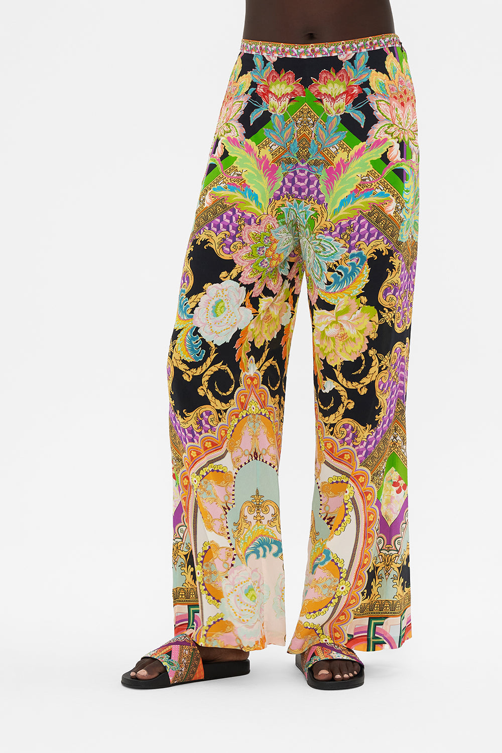 Crop view of model wearing CAMILLA silk wide leg pant in Sundowners in Sicily print