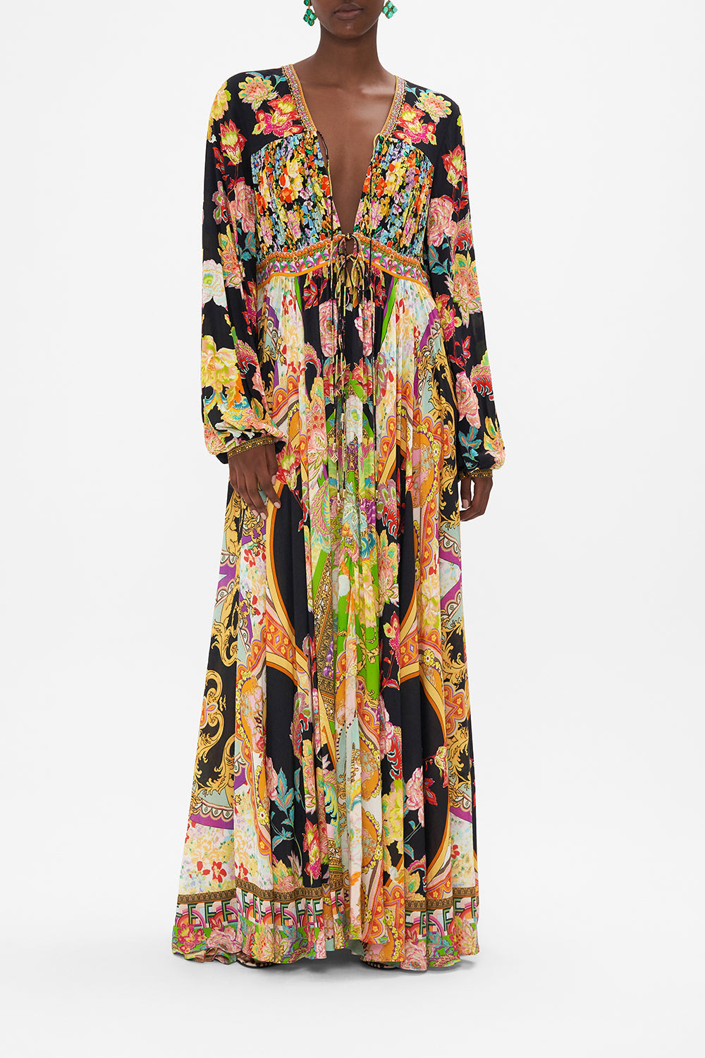 Front view of model wearing CAMILLA long dress in Sundowners in Sicily print