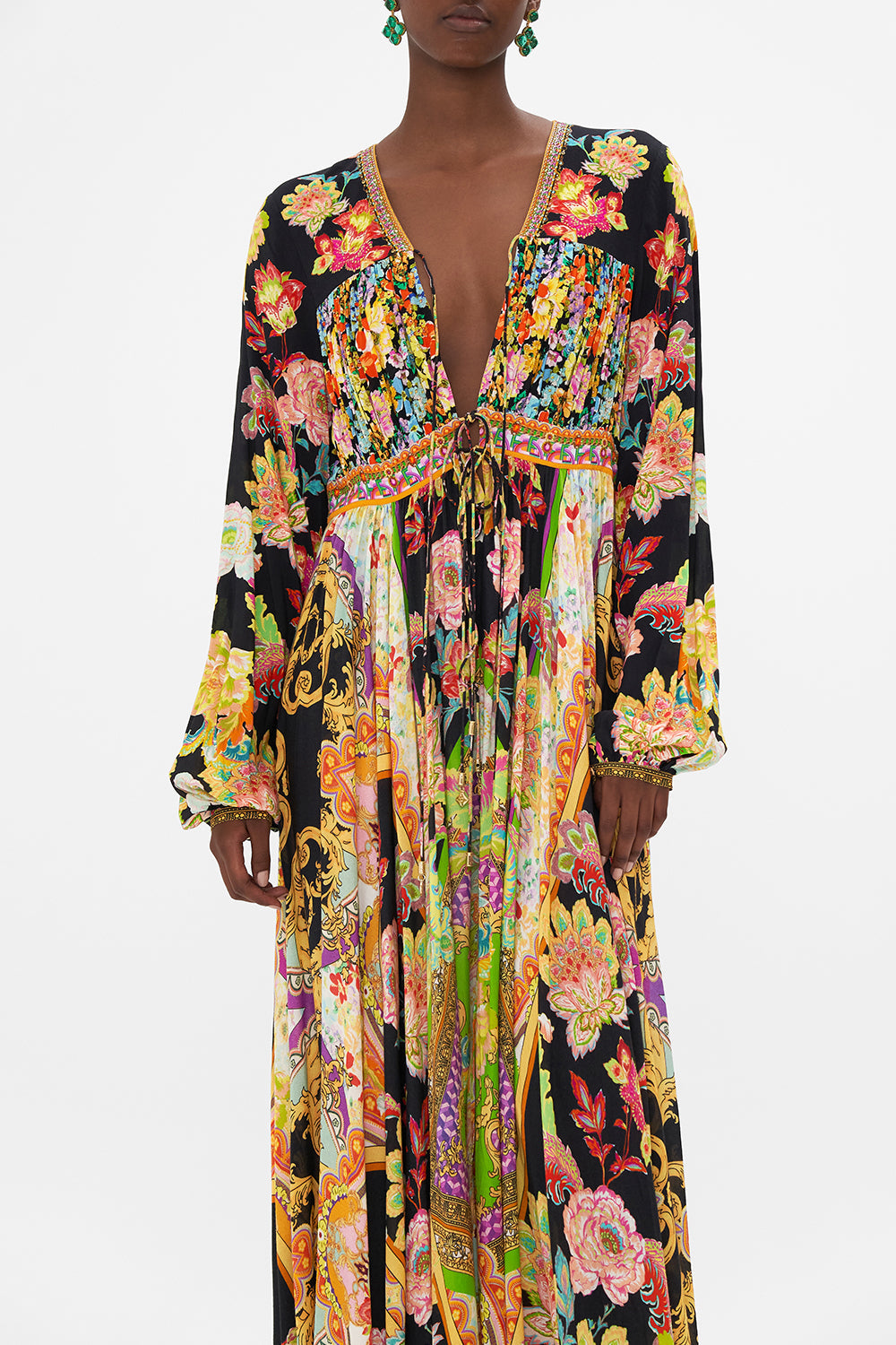 Crop view of model wearing CAMILLA long dress in Sundowners in Sicily print