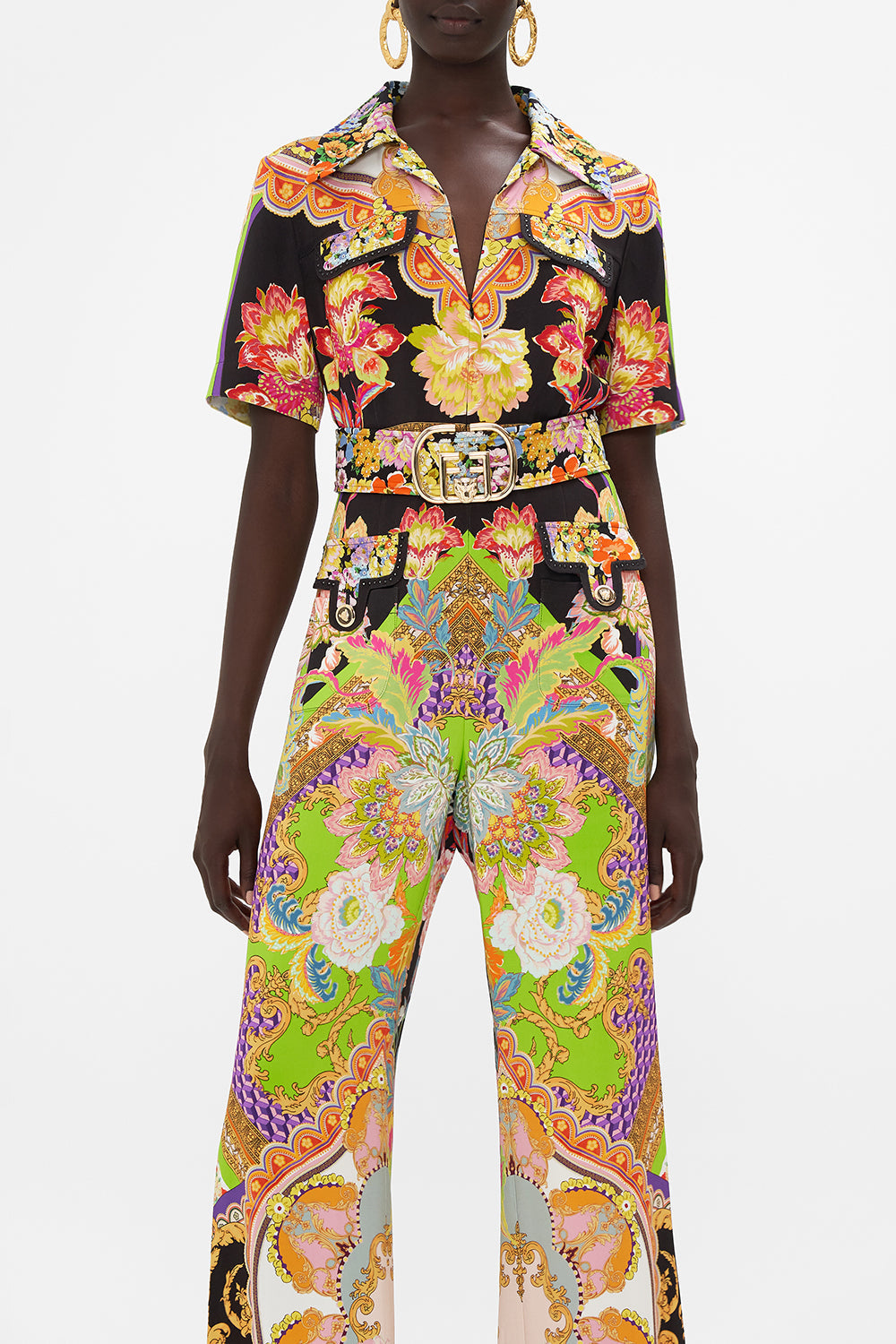 Crop view of model wearing CAMILLA printed jumpsuit in Sundowners in Sicily print