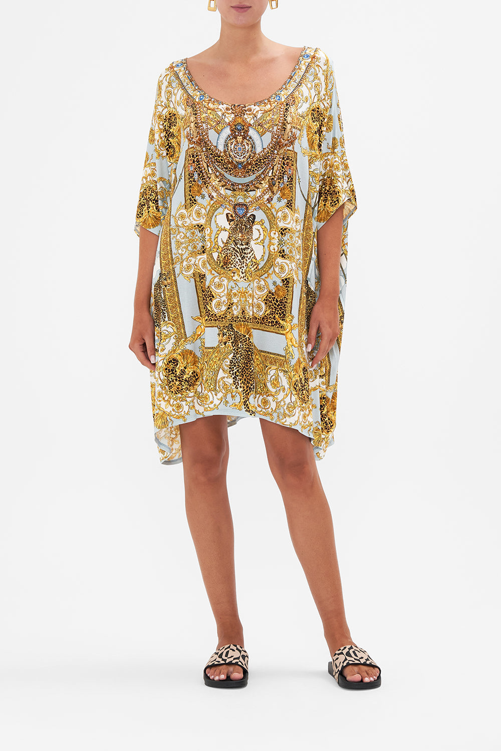 Front view of model weaing CAMILLA printed kaftan in Palazzo Pride print