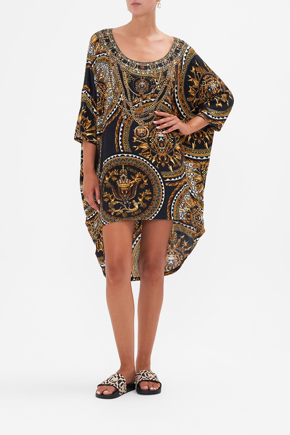 Front view of model wearing CAMILLA scoop back dress in Duomo Kaleido print