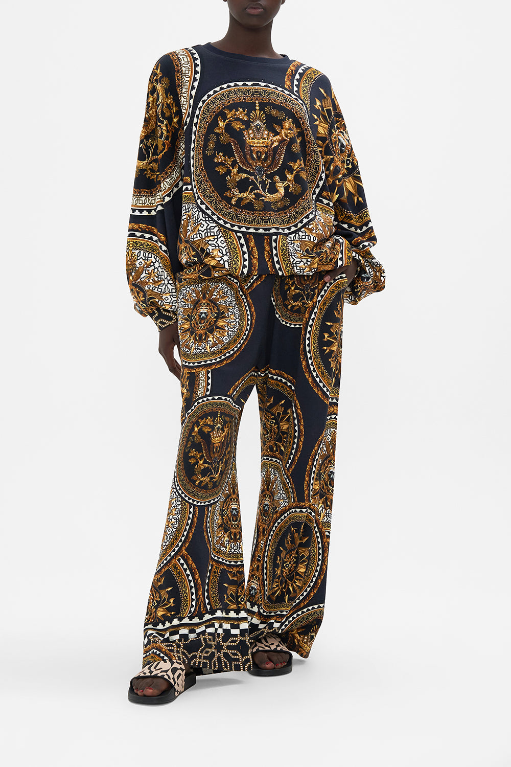 Front view of model wearing CAMILLA printed sweater in Duomo Kaleido print