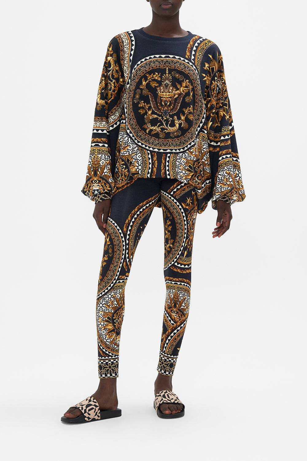 Front view of model wearing CAMILLA leggings in Duomo Kaleido print