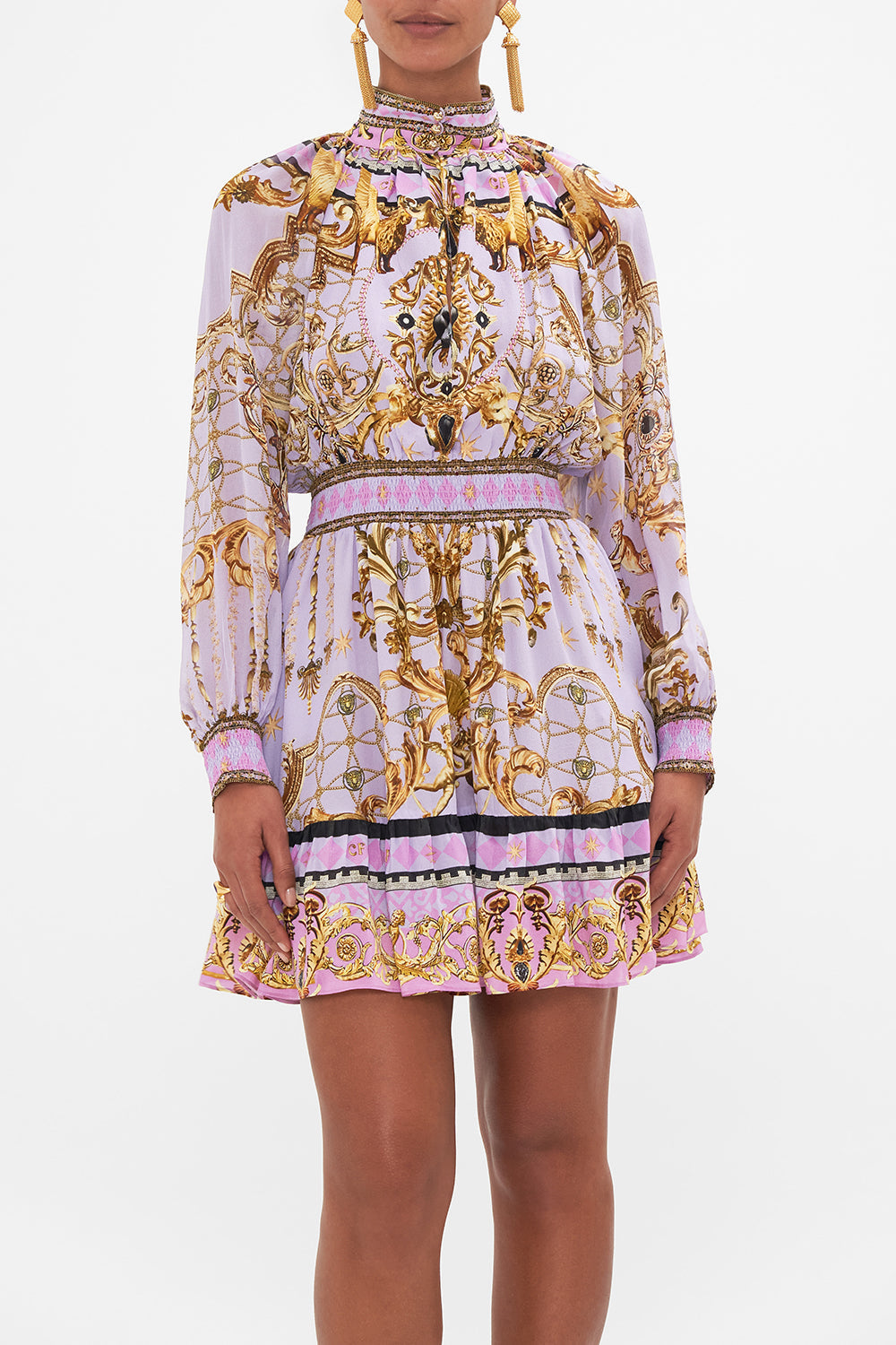 SHIRRED WAIST HIGH NECK MINI DRESS LAVENDER EVER AFTER