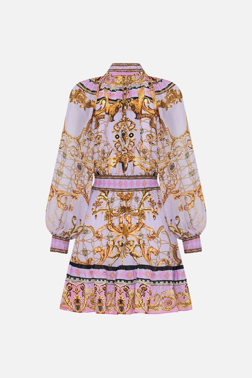 Video of model wearing CAMILLA silk mini dress in Lavender Ever After print