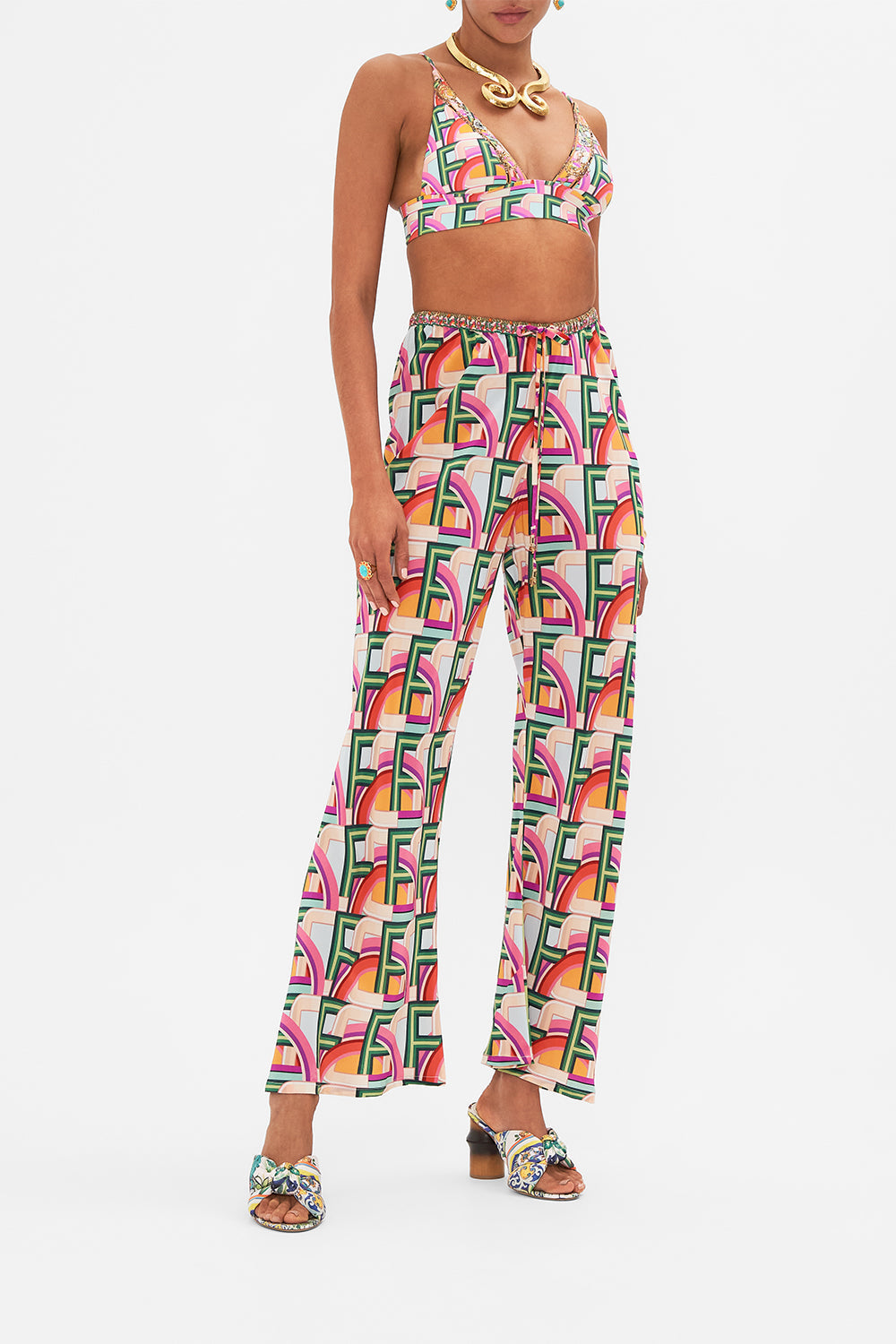 Front view of model wearing CAMILLA silk drawstring pant in An Italian Welcome print