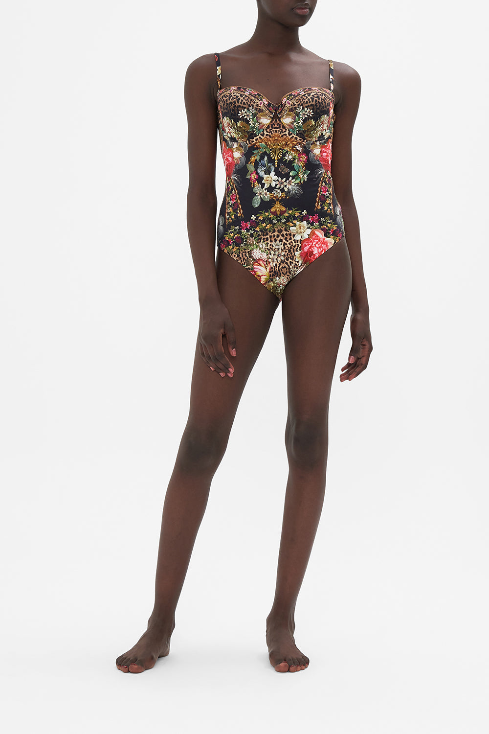 Front view of model wearing CAMILLA floral print one piece swimsuit in A Night At The Opera print
