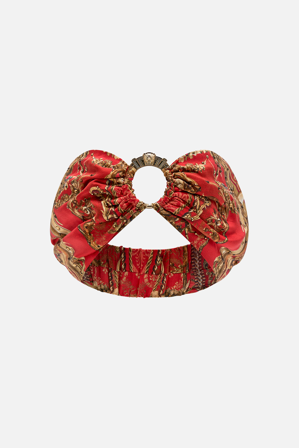Product view of CAMILLA ring silk headband in red Sweet Soprano print