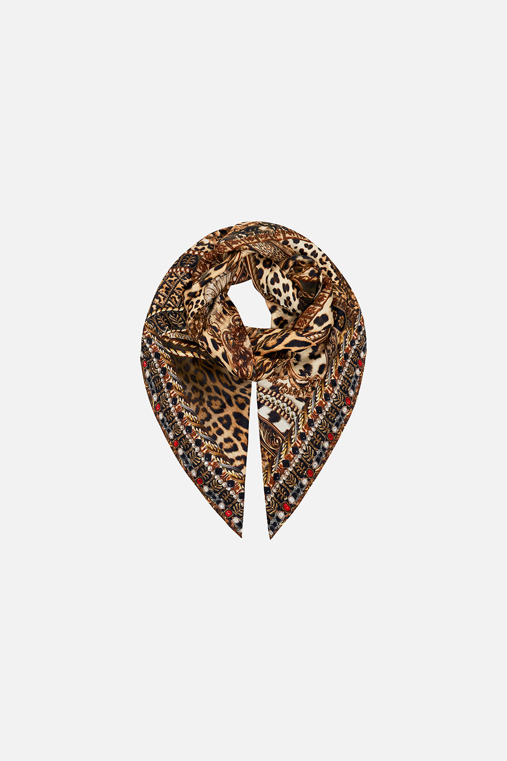 Product view of CAMILLA large leopard print silk square scarf in Standing ovation print