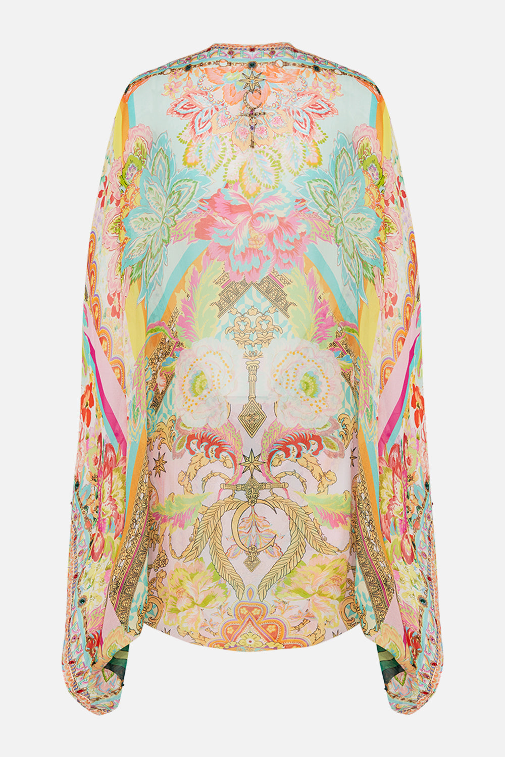 Video of model wearing CAMILLA silk shrug in An Italian Welcome print