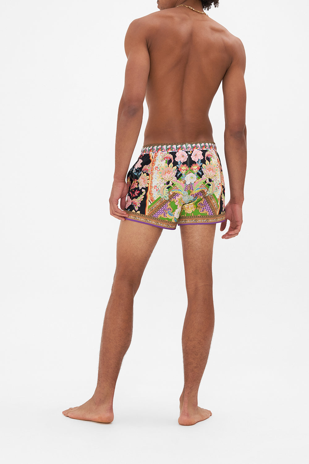 Back view of model wearing Hotel Franks by CAMILLA mens swim short in Sundowners In Sicily print