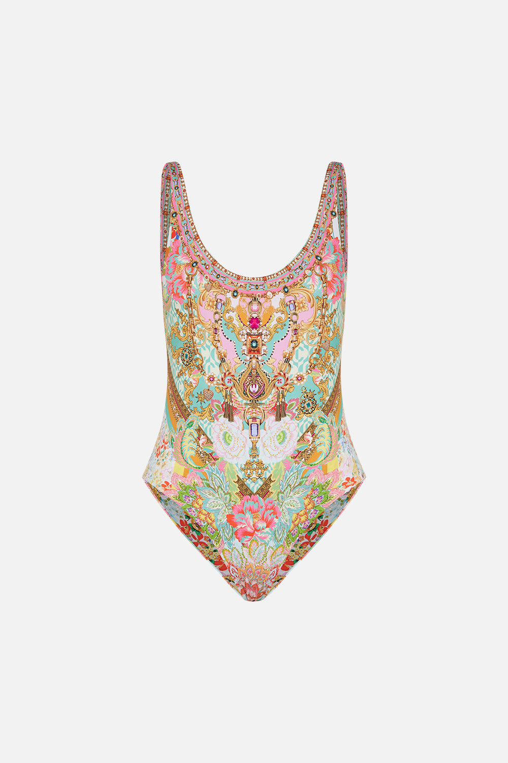 Back view of model wearing CAMILLA swimwear reversible one piece swimsuit in An Italian Welcome print