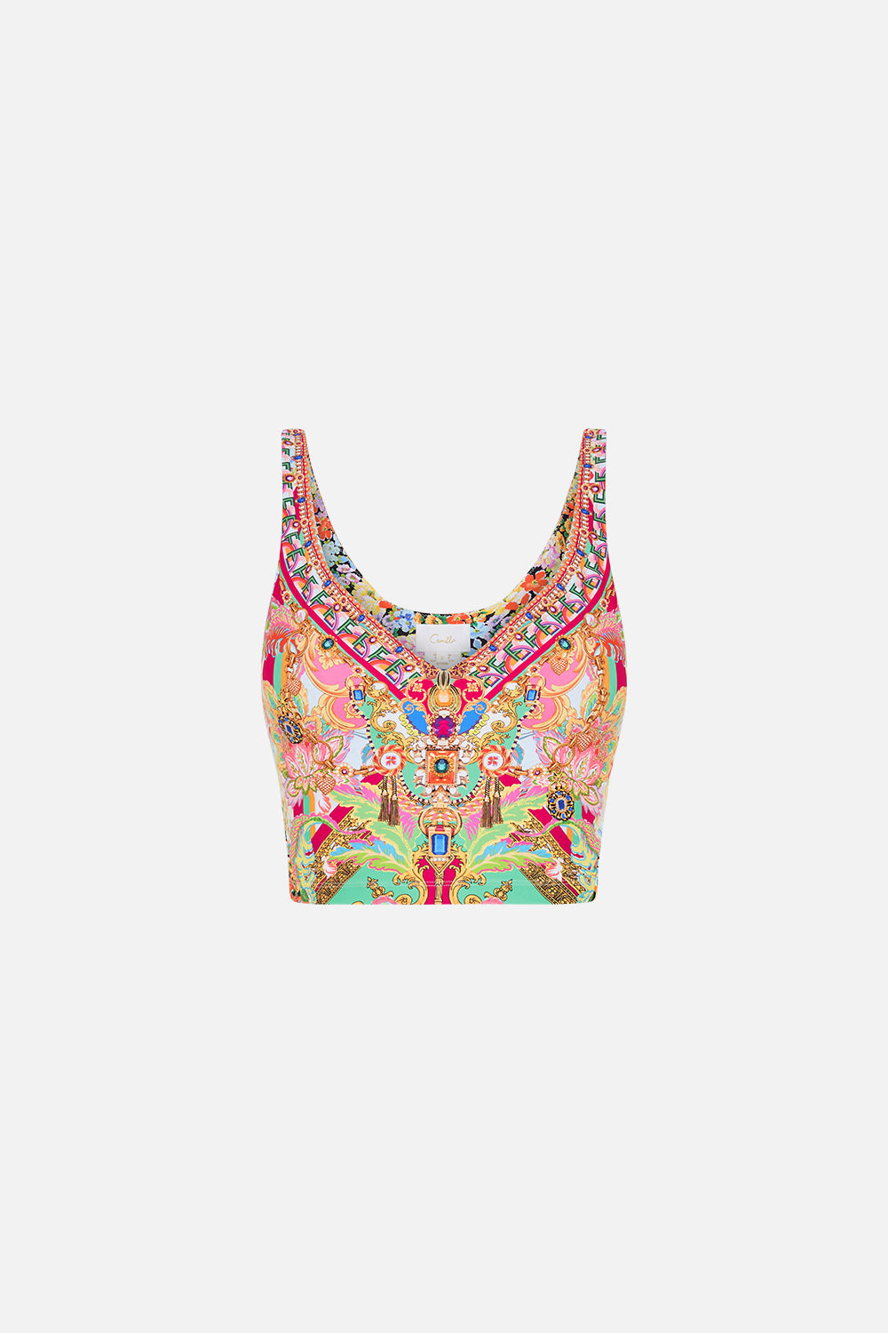 Product view of CAMILLA printed activewear crop tank in Ciao Bella print