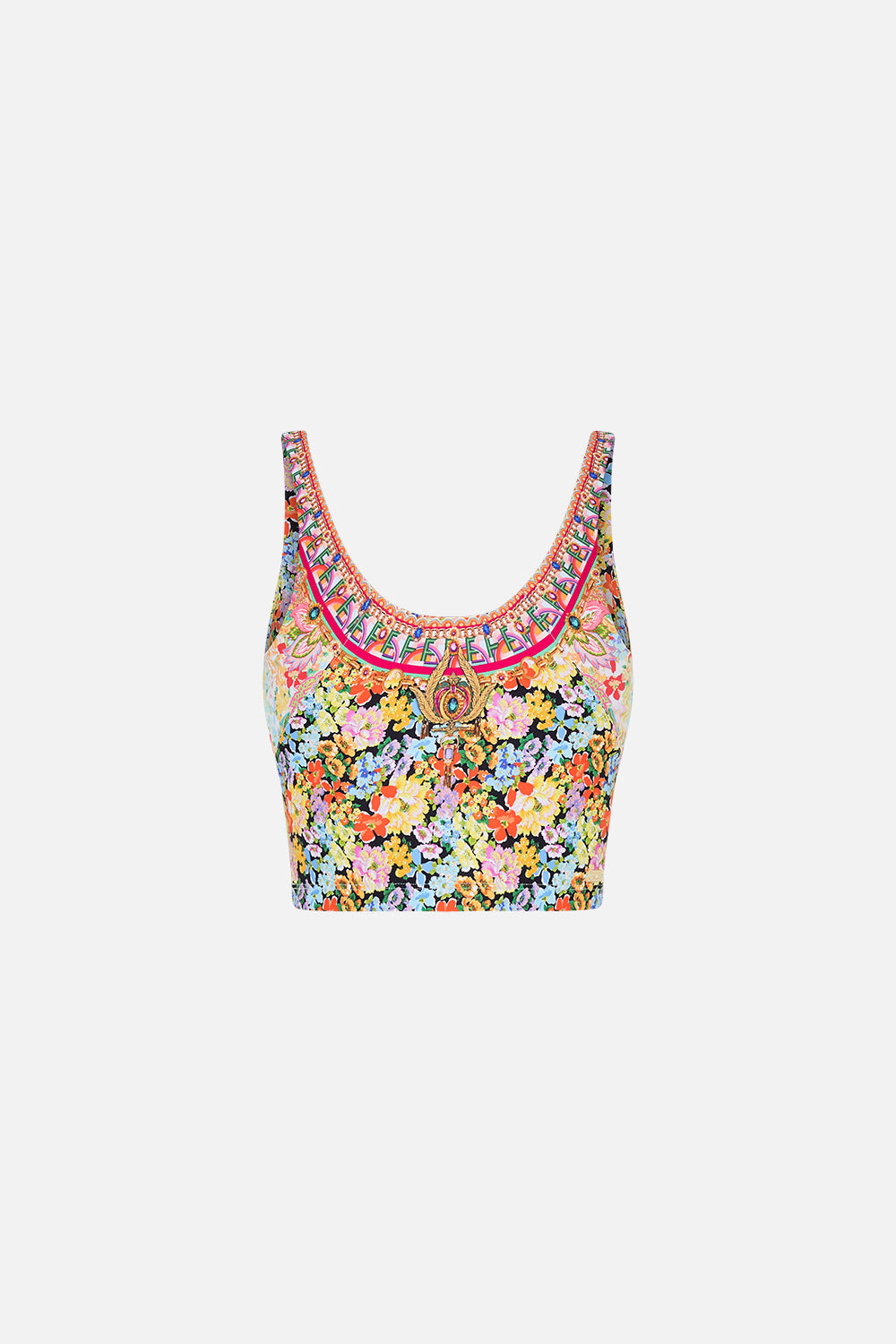 Video of model wearing CAMILLA printed activewear crop tank in Ciao Bella print