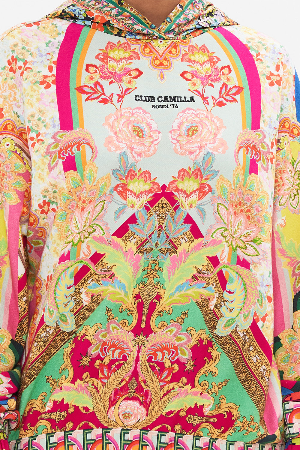 Detail view of model wearing CAMILLA sweater in Ciao Bella print