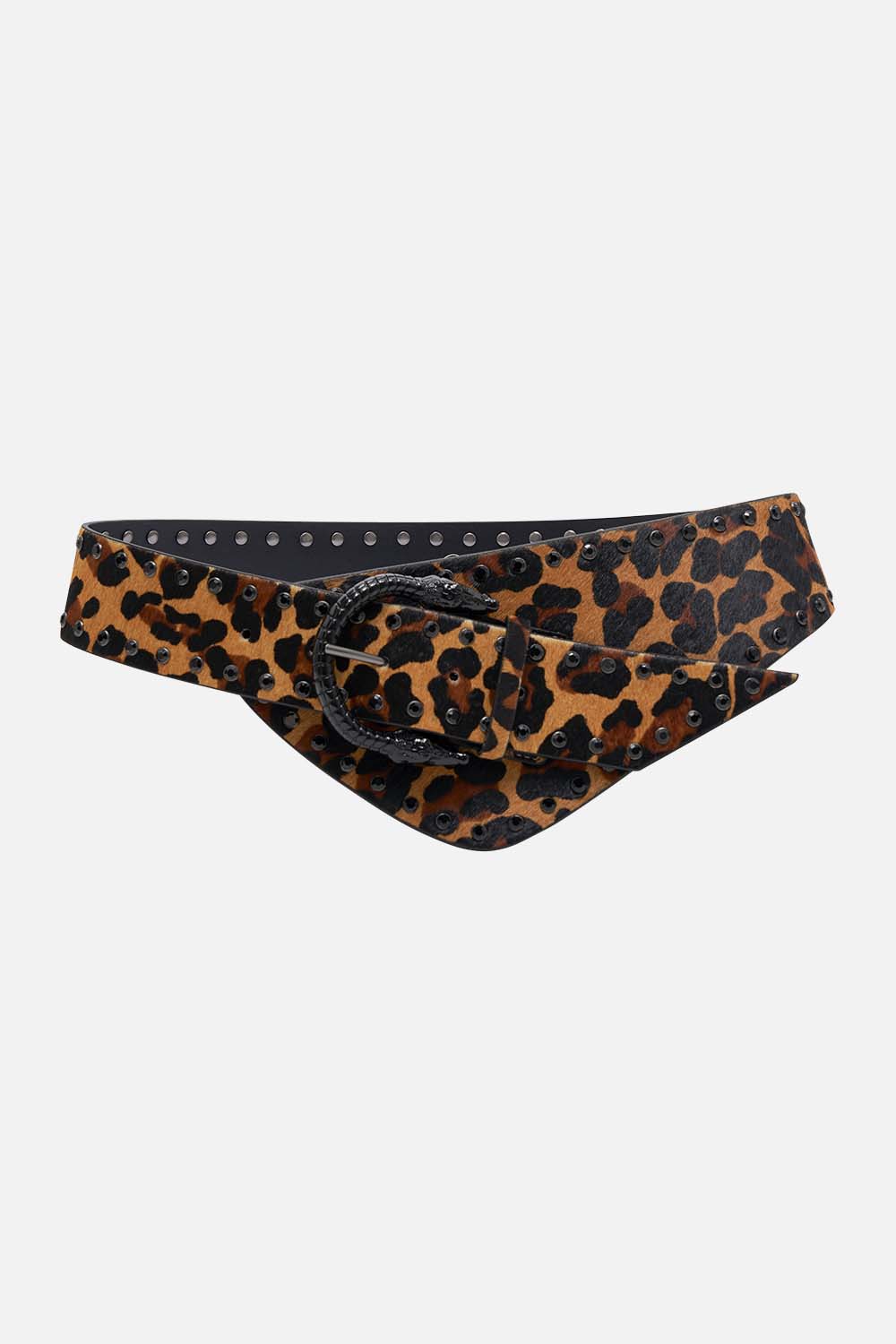 Product view of CAMILLA asymmetric leather belt in leopard print