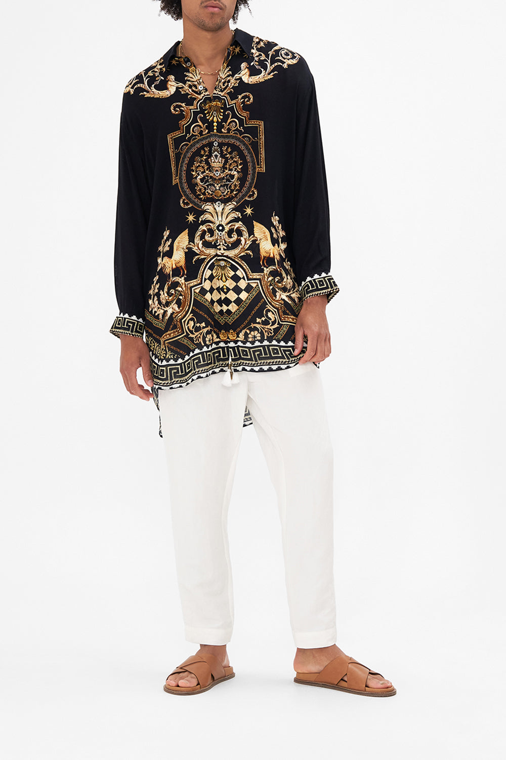 Front view of model wearing Hotel Franks by CAMILLA mens longline shirt in Duomo Dynasty print