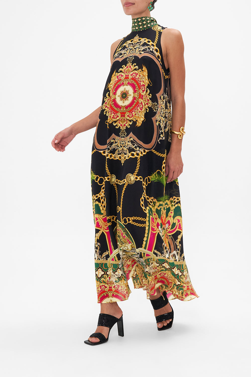 HIGH NECK DRESS WITH BACK NECK TIE JEALOUSY AND JEWELS