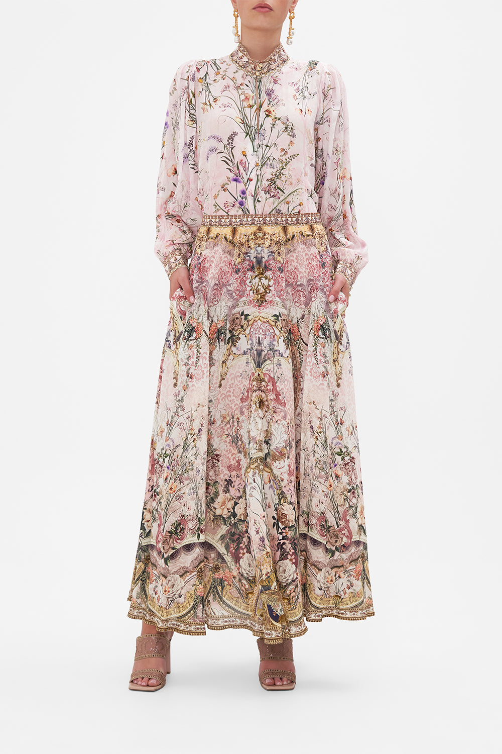 Front view of model wearing CAMILLA flowy floral maxi skirt in Kissed By The Prince print