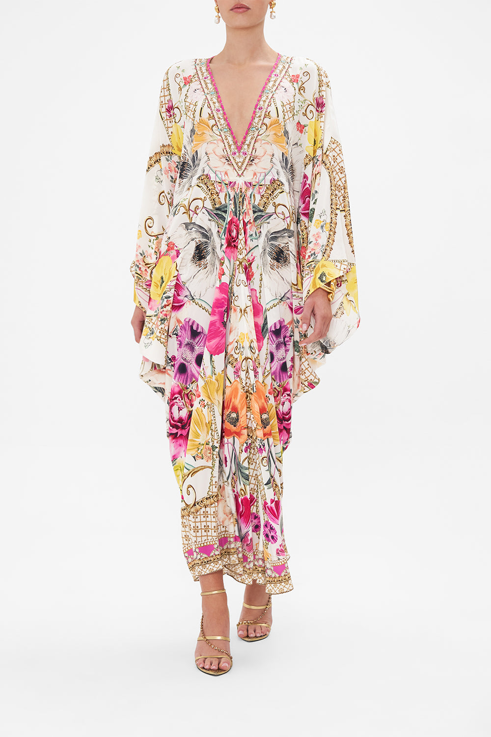Front view of model wearing CAMILLA white kaftan in Destiny Calling floral print