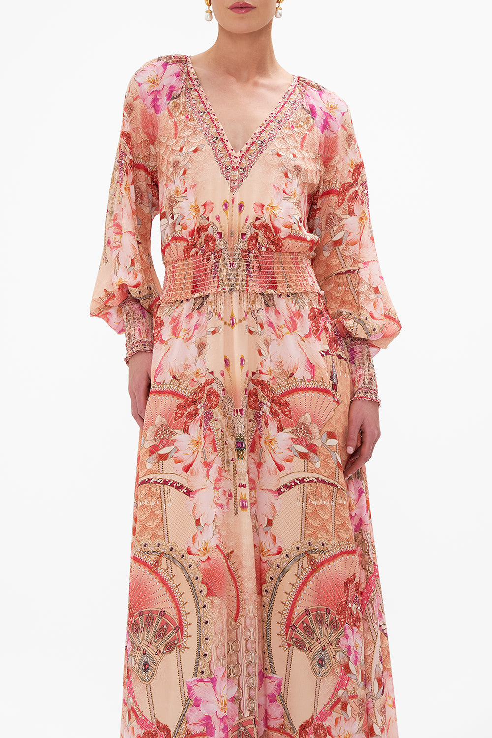 Side view of model wearing CAMILLA pink floral silk dress in Adore Me print