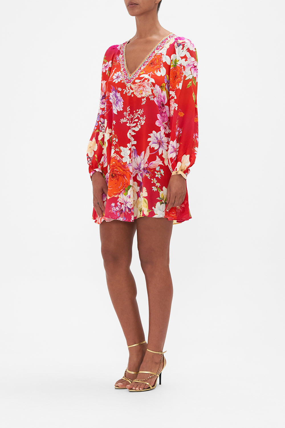 V NECK BLOUSON SLEEVE DRESS KISS AND TELL