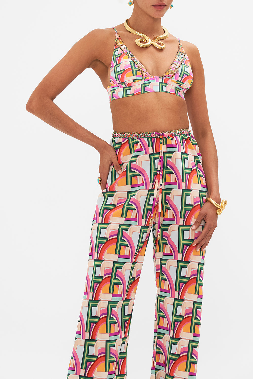 Crop view of model wearing CAMILLA lingerie soft bra in An Italian Welcome print