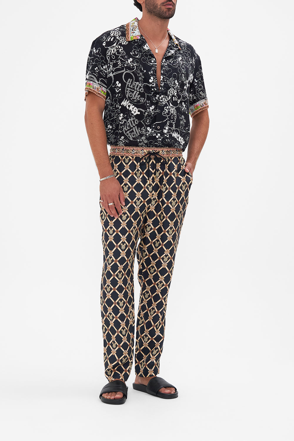 CAMILLA & DISNEY mens black pants in Maximum Mickey print