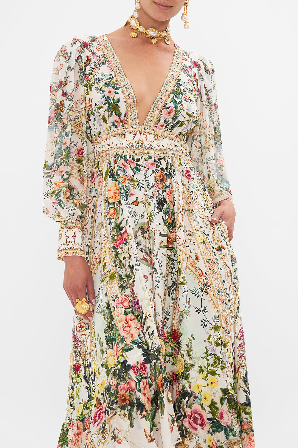 Crop view of model wearing CAMILLA silk maxi dress in Renaissance Romance print