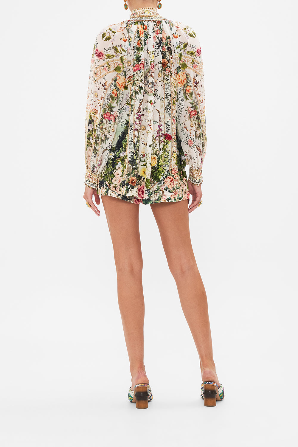 Back view of model wearing CAMILLA womens silk shirt in Renaissance Romance print