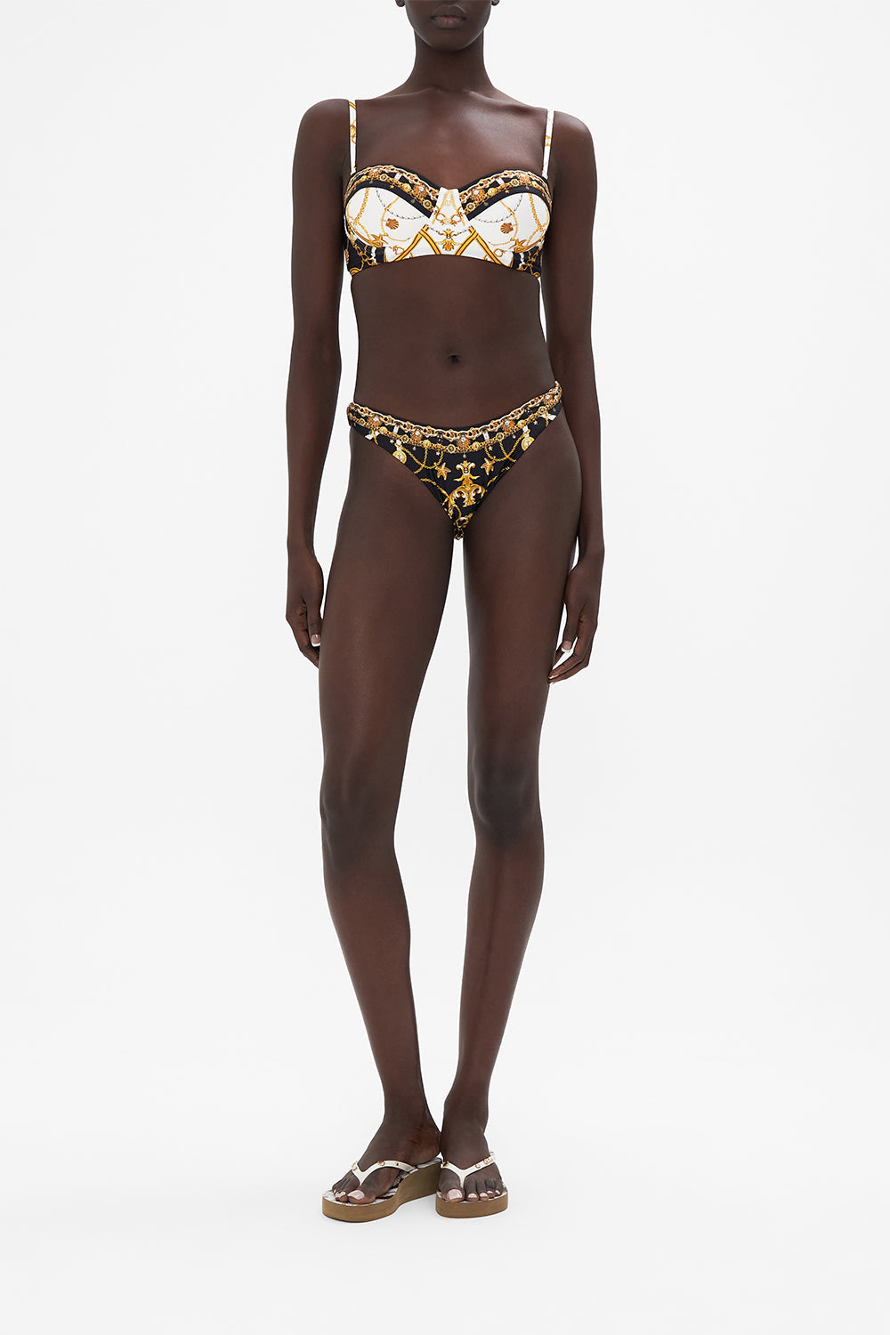 Front view of model wearing CAMILLA silk pants in Coast to Coast print