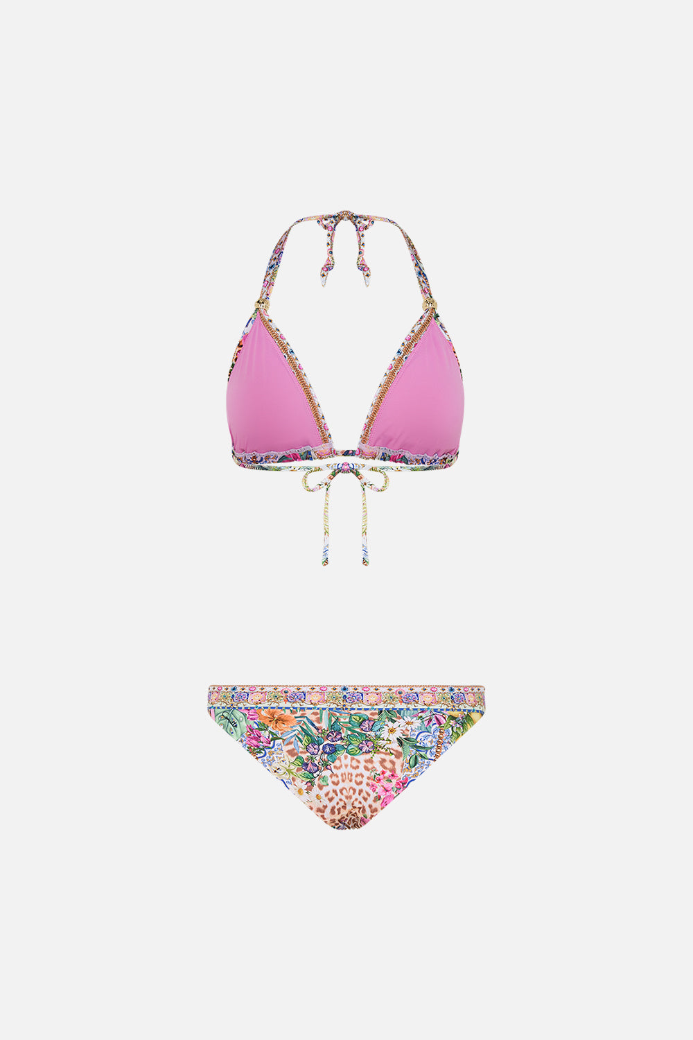 Detail view of model wearing CAMILLA resortwear floral bikini Flowers of Neptune print