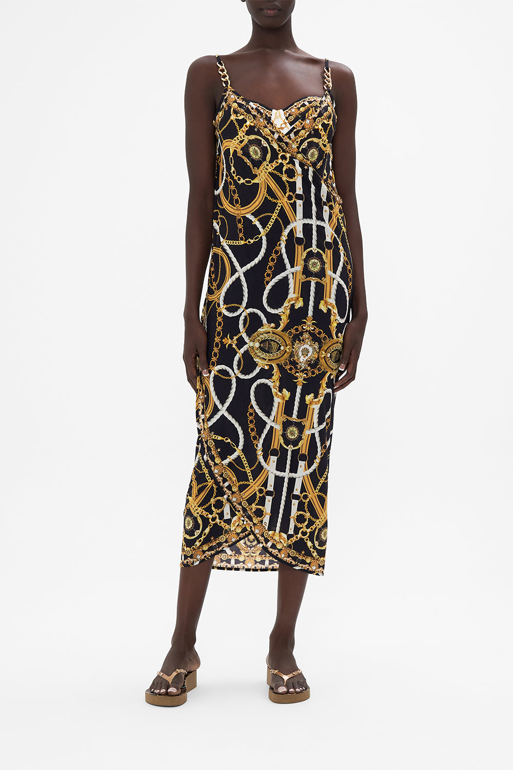 Front view of model wearing CAMILLA resortwear sarong dress in Coast To Coast print