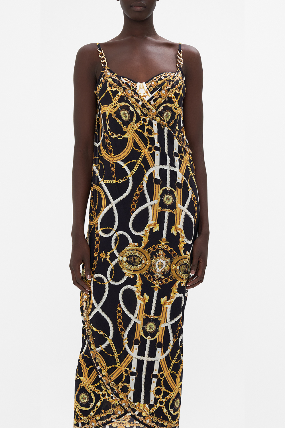 Crop view of model wearing CAMILLA resortwear sarong dress in Coast To Coast print