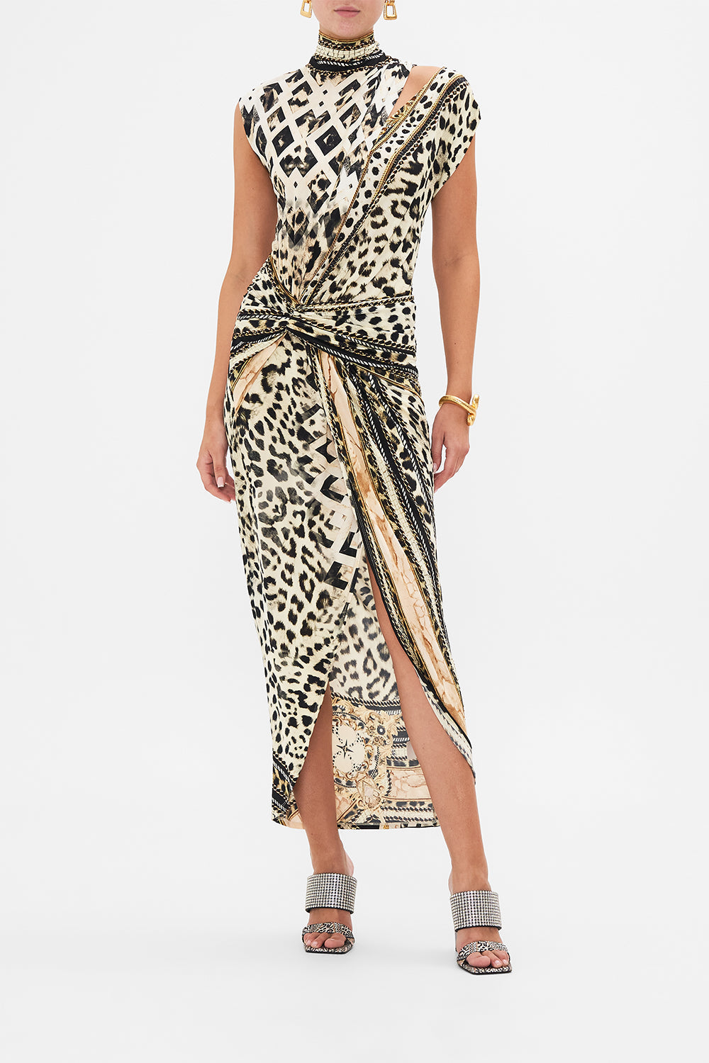 Front view of model wearing CAMILLA jersey animal print dress in Mosaic Muse print