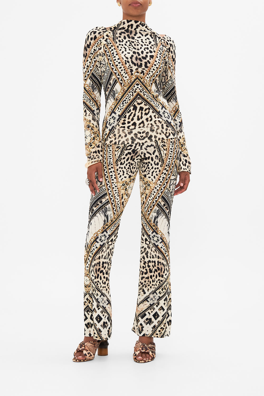 Front view of model wearing CAMILLA animal print top in Mosaic Muse print