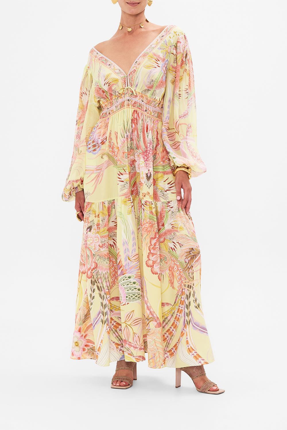 Front view of model wearing CAMILLA long sleeve silk dress in Cosmic Tuscan print