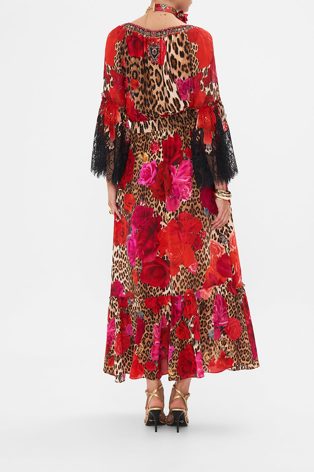 Back view of model wearing CAMILLA floral silk maxi drress in Heart Like A Wildflower print
