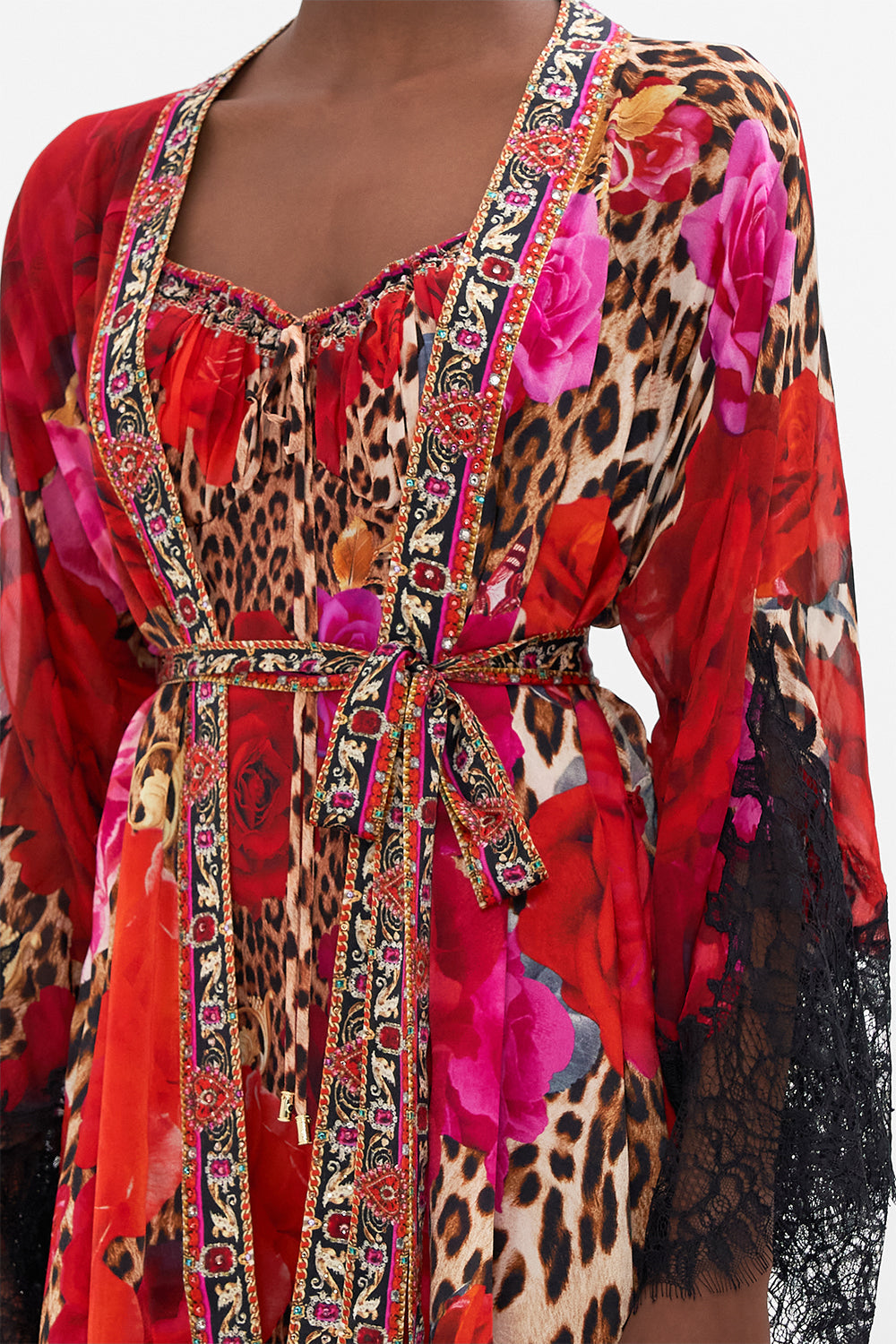 Detail view of model wearing CAMILLA silk kimono jacket in Heart Like A Wildflower print