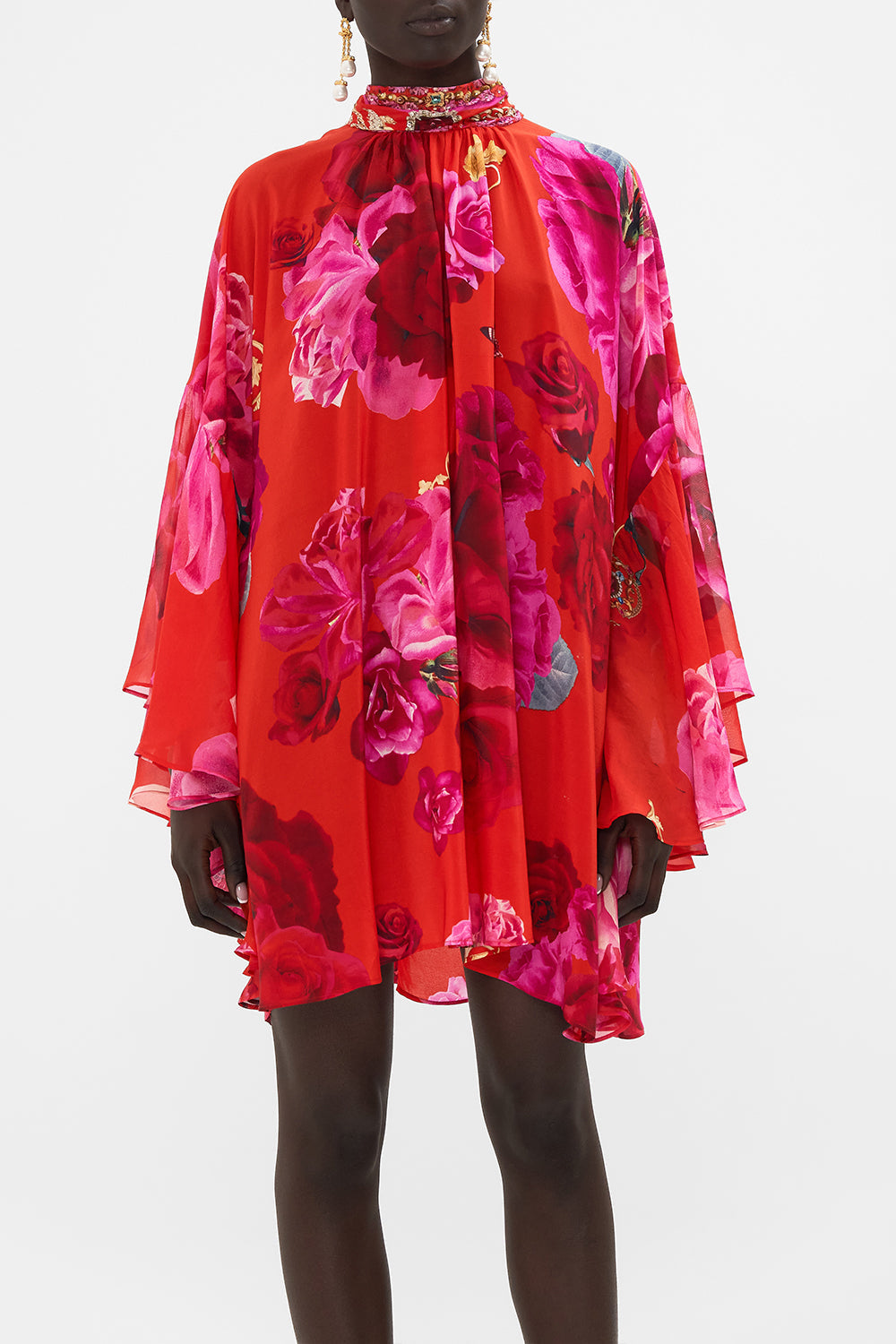 Crop view of model wearing CAMILLA high neck silk dress in An Italian Rosa print