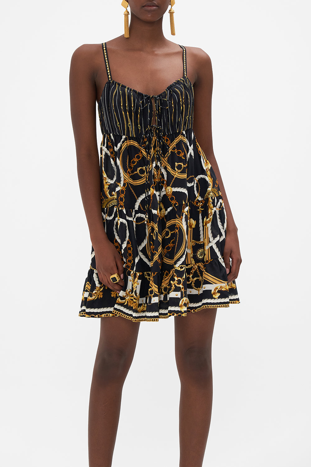 Crop view of model wearing CAMILLA chain print mini dress in Coast to Coast print