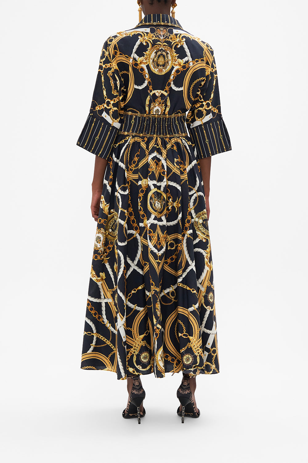 Back view of model wearing CAMILLA silkmidi dress in Coast To Coast print