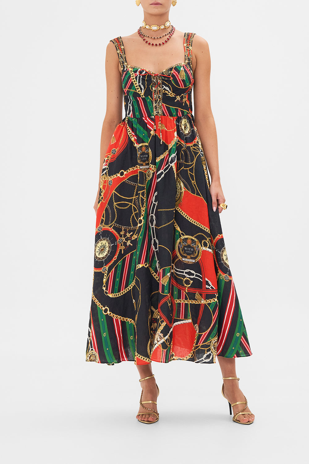 Front view of model wearing CAMILLA bustier dress in Club Aperitivo print