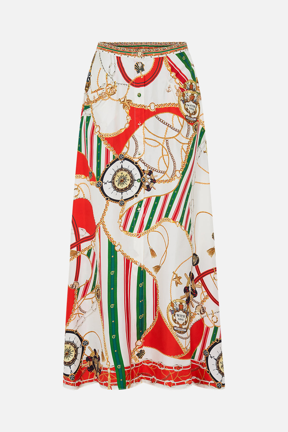 Product view of CAMILLA button through skirt in Saluti Summertime print